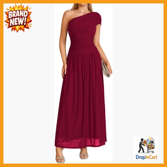 One Shoulder Ruched Maxi Dress Formal Elegant Wedding Guest Cocktail